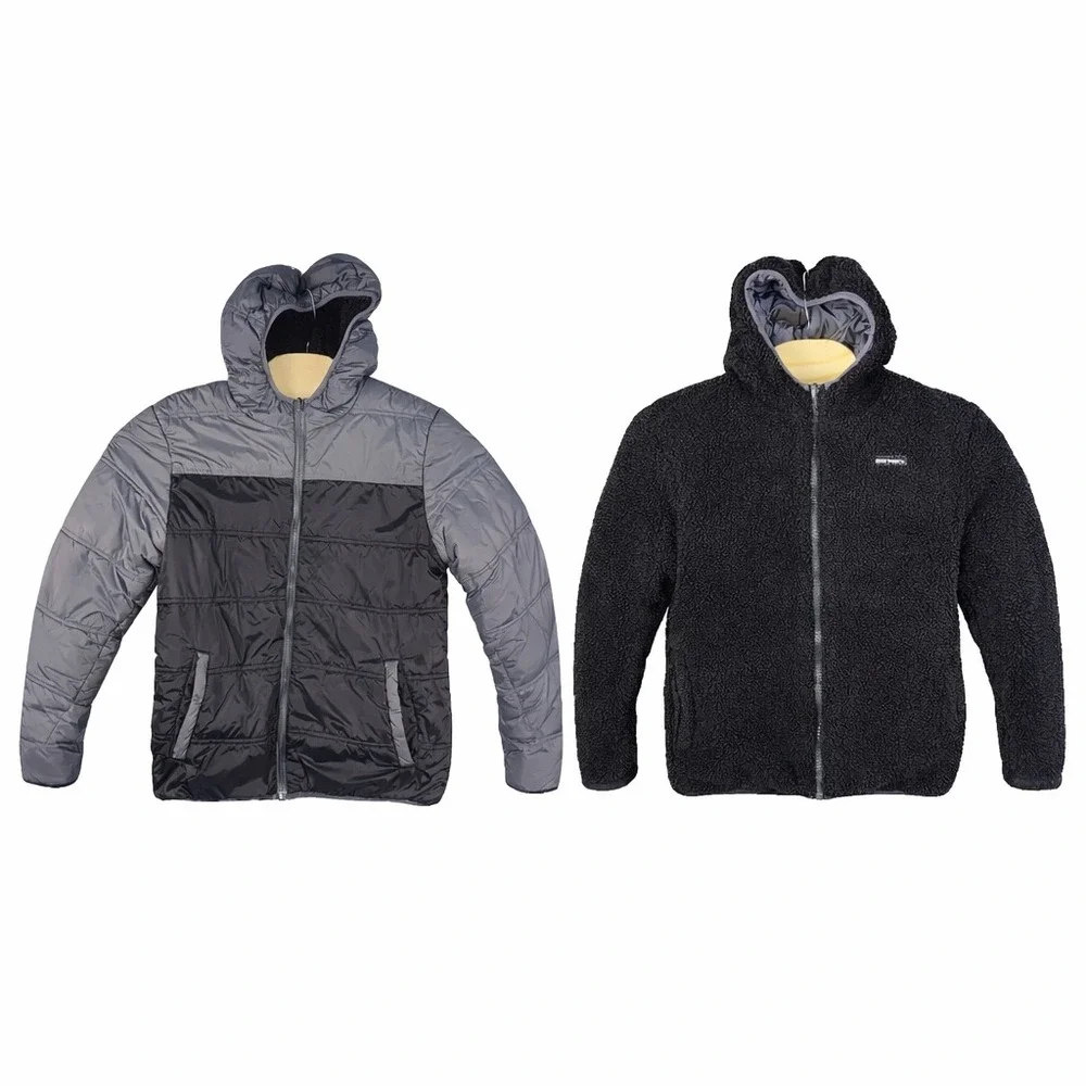 Eddie‎ Bauer Kids Reversible Puffer Fleece Hooded Jacket Gray Black